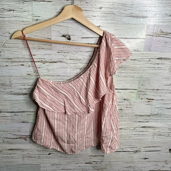 Gentle fawn pink striped ruffle one shoulder blouse top size xs - Picture 2 of 6